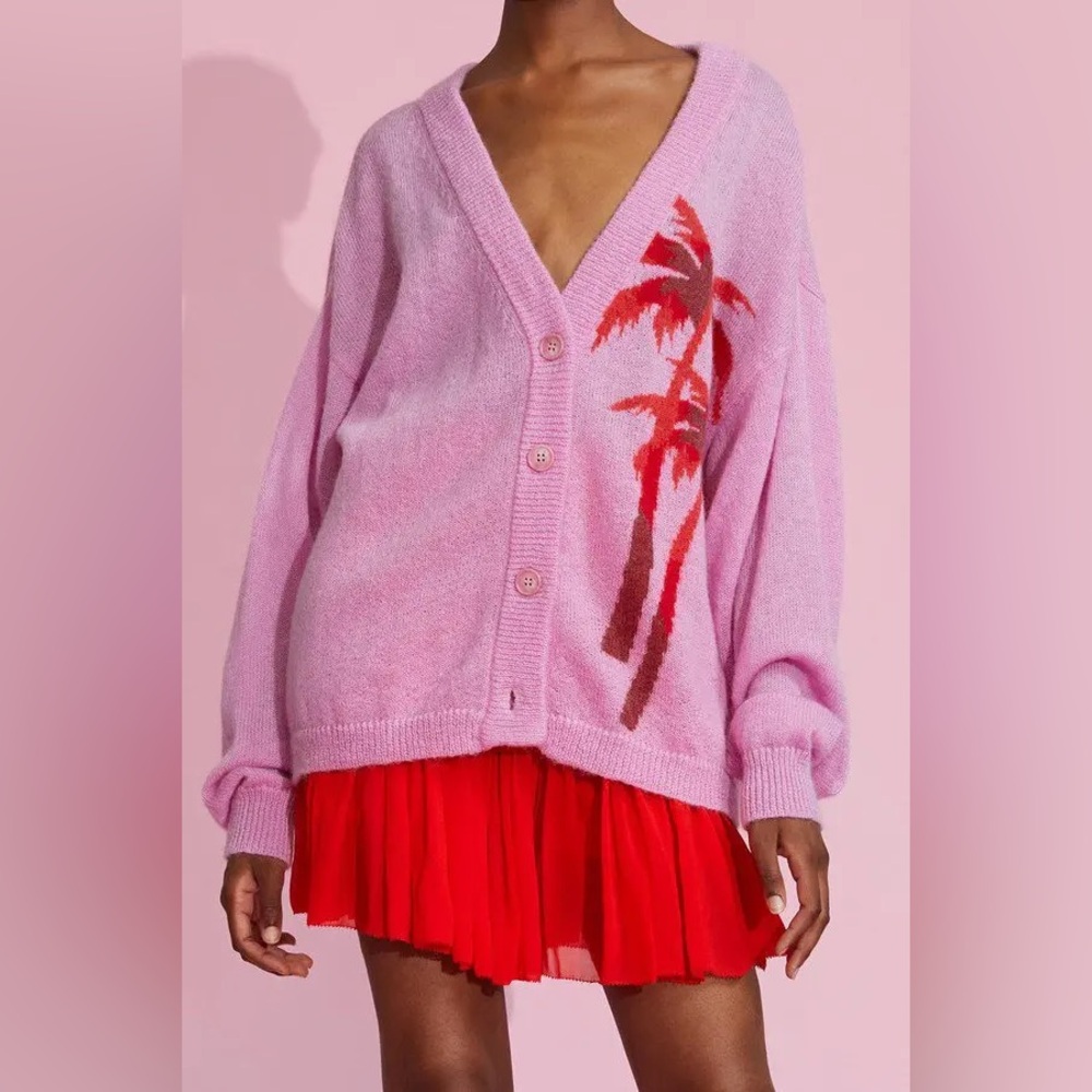 CYNTHIA ROWLEY Intarsia Palm Tree Pink Cardigan Mohair Blend size Large